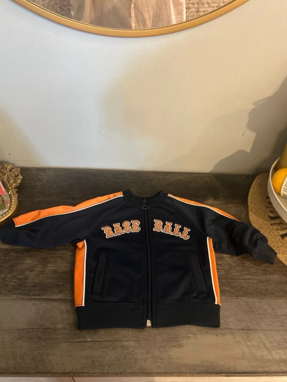 Retro Baby B.A.S.E. Ball Jacket Y2K Sports Zip Up Navy Orange Toddler